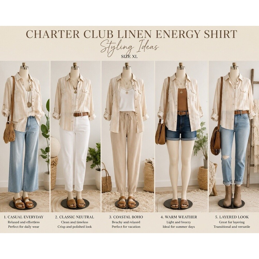 Charter Club Linen  Women's Button Front  Shirt XL Beige Stripe Coastal Boho
